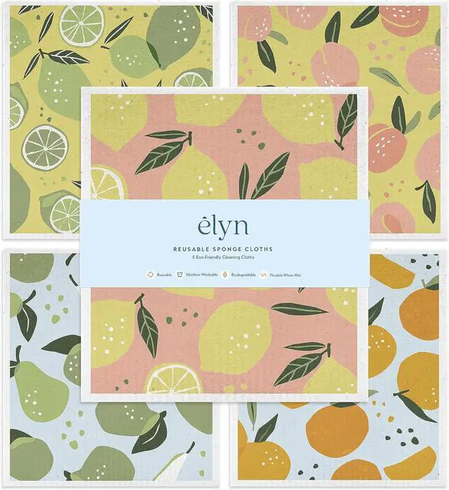 Main image of Swedish Dishcloths Reusable & Washable Sponge Cloths Absorbent Cleaning Paper Towels for Kitchen Dishes Counters and More 5 Pack Assorted Fruit Pattern
