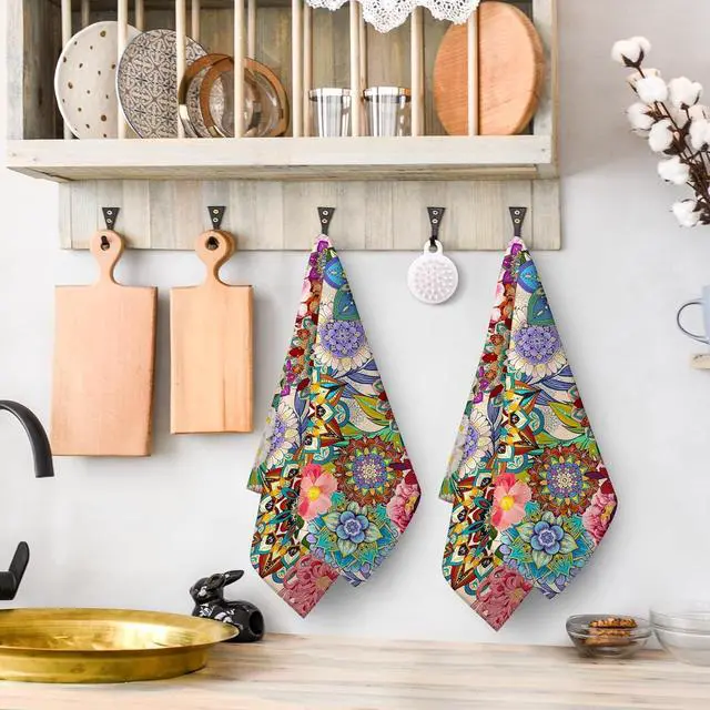 Alt view image 3 of 6 - Boho Floral Kitchen Towels Set of 2 Colorful Flowers Dish Towels Absorbent Soft Hand Tea Bar Towels for Farmhouse Home Decor