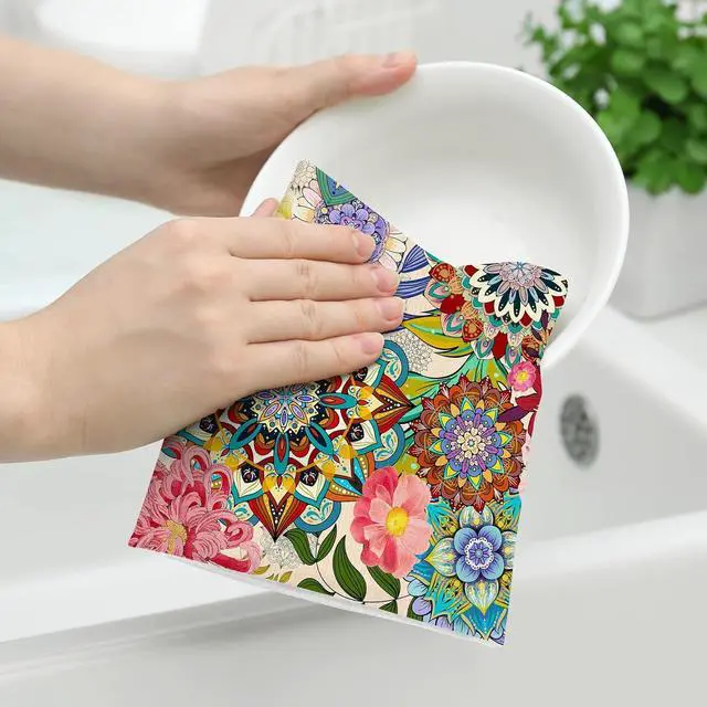 Alt view image 4 of 6 - Boho Floral Kitchen Towels Set of 2 Colorful Flowers Dish Towels Absorbent Soft Hand Tea Bar Towels for Farmhouse Home Decor