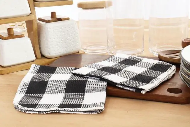 Alt view image 2 of 6 - Waffle Weave Plaid Dish Cloths 100% Cotton - 12 x 12 Inches Ultra Soft Absorbent Quick Drying Dish Towels Buffalo Check Dish Rags for Kitchen 6 Pack - Spring Summer- Black and White
