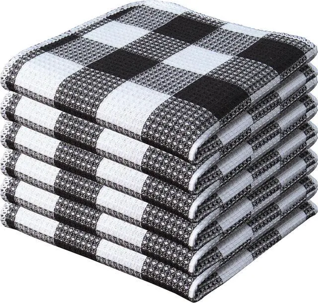 Main image of Waffle Weave Plaid Dish Cloths 100% Cotton - 12 x 12 Inches Ultra Soft Absorbent Quick Drying Dish Towels Buffalo Check Dish Rags for Kitchen 6 Pack - Spring Summer- Black and White