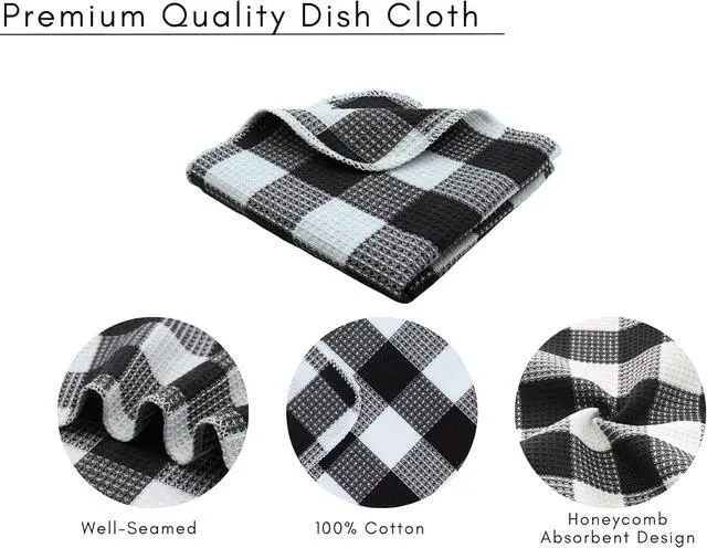 Alt view image 5 of 6 - Waffle Weave Plaid Dish Cloths 100% Cotton - 12 x 12 Inches Ultra Soft Absorbent Quick Drying Dish Towels Buffalo Check Dish Rags for Kitchen 6 Pack - Spring Summer- Black and White