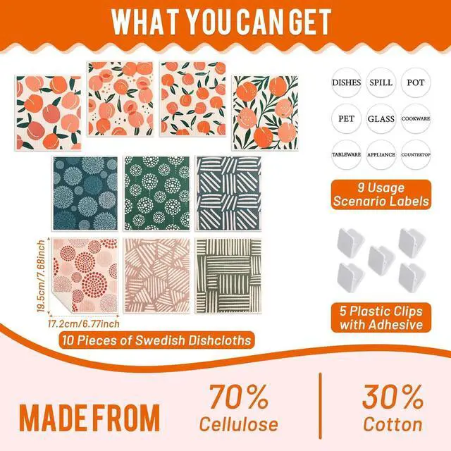 Alt view image 3 of 7 - 10 Pack Swedish Dishcloths with Hanging Clips Reusable Swedish Dish Towels Biodegradable Cellulose Cleaning Cloths Washable Dish Wipes for Kitchen Home Office(Quick Drying & Super Absorb)