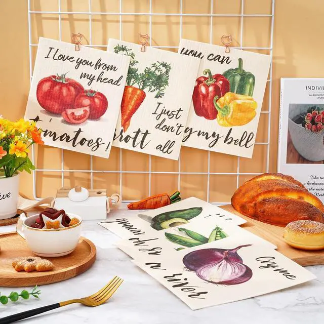Alt view image 4 of 7 - 6Pcs Vegetable Swedish Dishcloths Colorful Vegetable Kitchen Dish Towel Reusable Cotton Kitchen Towels for Christmas Autumn Harvest Baking Cooking Home Kitchen Bathroom Decor 6.7 x 7.7Inch