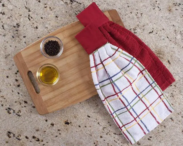 Alt view image 2 of 2 - Premium 100% Cotton Solid and Multi Check Kitchen Tie Towel Absorbent Super Soft and Fast Drying Hang Towel Set of Two Paprika Red Solid & Checked - 2 Piece
