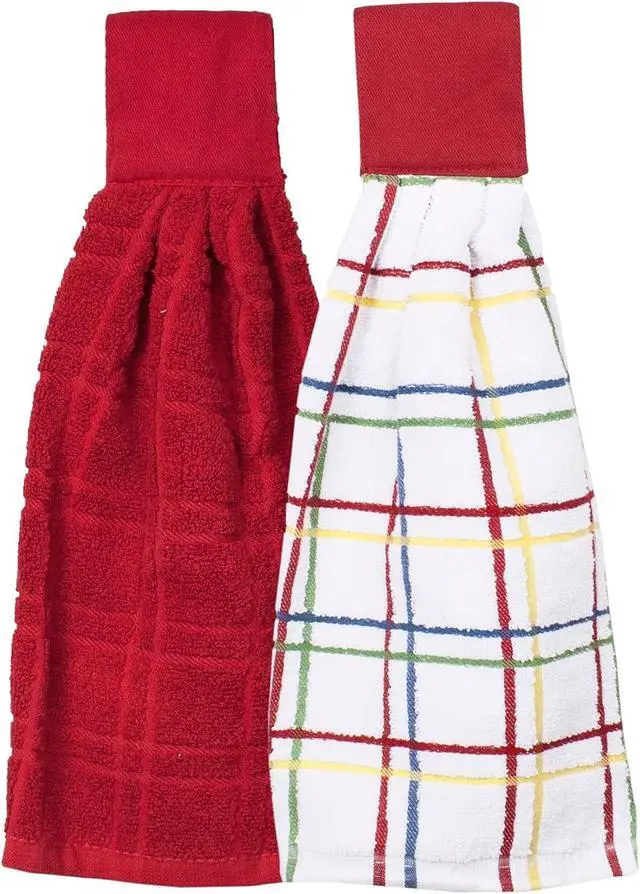 Main image of Premium 100% Cotton Solid and Multi Check Kitchen Tie Towel Absorbent Super Soft and Fast Drying Hang Towel Set of Two Paprika Red Solid & Checked - 2 Piece