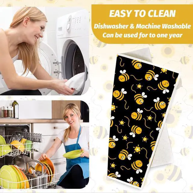 Alt view image 5 of 7 - Bee Swedish Kitchen Dishcloth 6 Pack Bumble Bee Daisy Dish Towels Yellow Black Hand Drying Tea Towels Honeybee Cotton Dishcloth for Spring Summer Cooking Baking Cleaning Wipes 6.7 x 7.7 Inch