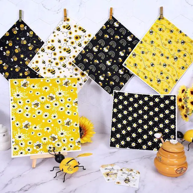 Alt view image 6 of 7 - Bee Swedish Kitchen Dishcloth 6 Pack Bumble Bee Daisy Dish Towels Yellow Black Hand Drying Tea Towels Honeybee Cotton Dishcloth for Spring Summer Cooking Baking Cleaning Wipes 6.7 x 7.7 Inch