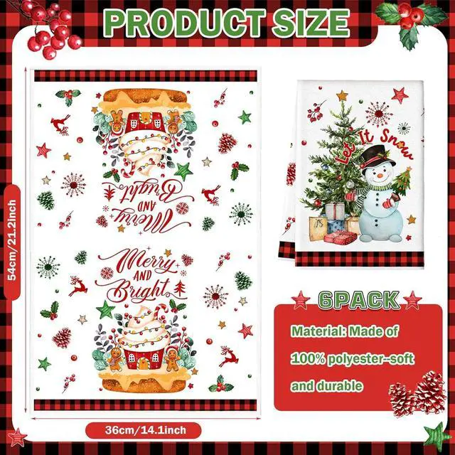 Alt view image 2 of 6 - 6 Pcs Christmas Kitchen Towels Christmas Snowman Santa Truck Gnome Dish Clothes Red Truck Gnome Tea Towels Xmas Red Plaid Hand Dishclothes Housewarming Gifts for Kitchen Holiday Cooking
