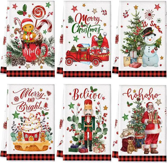 Main image of 6 Pcs Christmas Kitchen Towels Christmas Snowman Santa Truck Gnome Dish Clothes Red Truck Gnome Tea Towels Xmas Red Plaid Hand Dishclothes Housewarming Gifts for Kitchen Holiday Cooking