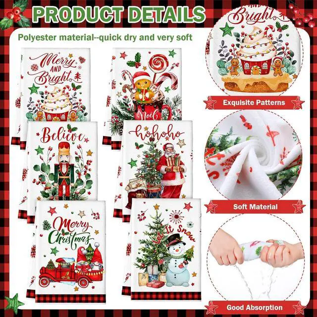 Alt view image 3 of 6 - 6 Pcs Christmas Kitchen Towels Christmas Snowman Santa Truck Gnome Dish Clothes Red Truck Gnome Tea Towels Xmas Red Plaid Hand Dishclothes Housewarming Gifts for Kitchen Holiday Cooking