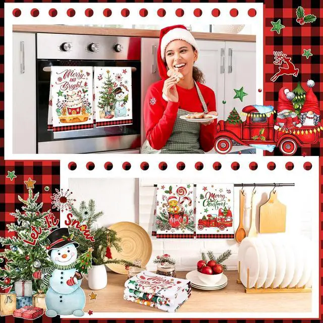 Alt view image 5 of 6 - 6 Pcs Christmas Kitchen Towels Christmas Snowman Santa Truck Gnome Dish Clothes Red Truck Gnome Tea Towels Xmas Red Plaid Hand Dishclothes Housewarming Gifts for Kitchen Holiday Cooking