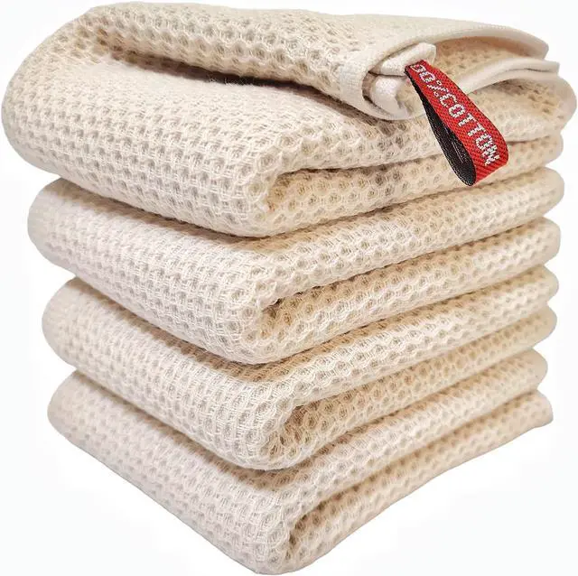 Main image of Kitchen Towels 100% Cotton Waffle Weave Dish Towel for Cleaning Drying Dishes Extra Absorbent and Soft Dish Cloth 13 x 28 in(Beige-4 Pack)