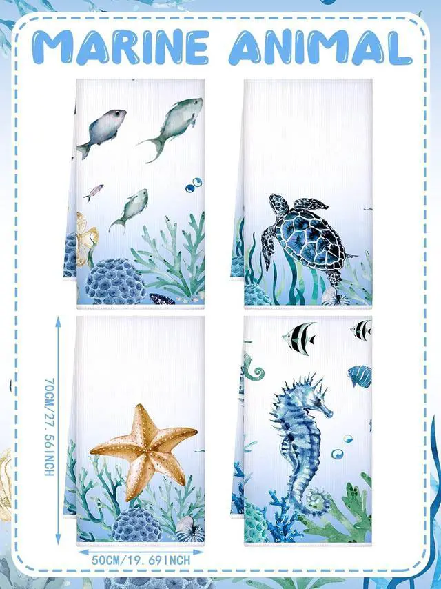 Alt view image 3 of 7 - 6 Pcs Sea Theme Kitchen Towels Set Beach Ocean Animal Hand Dish Towels Absorbent Soft Nautical Dishcloths for Spring Summer Kitchen Decoration