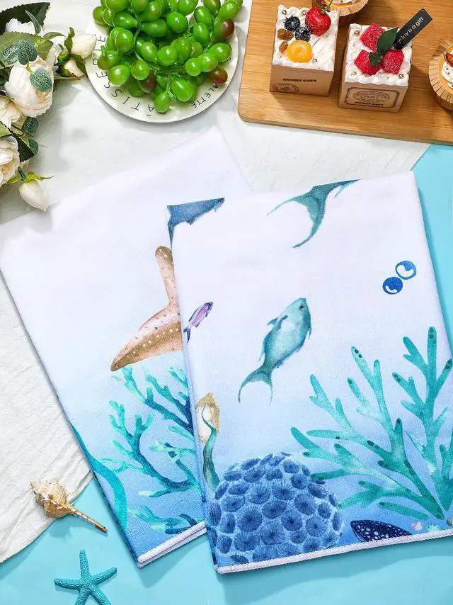 Alt view image 7 of 7 - 6 Pcs Sea Theme Kitchen Towels Set Beach Ocean Animal Hand Dish Towels Absorbent Soft Nautical Dishcloths for Spring Summer Kitchen Decoration