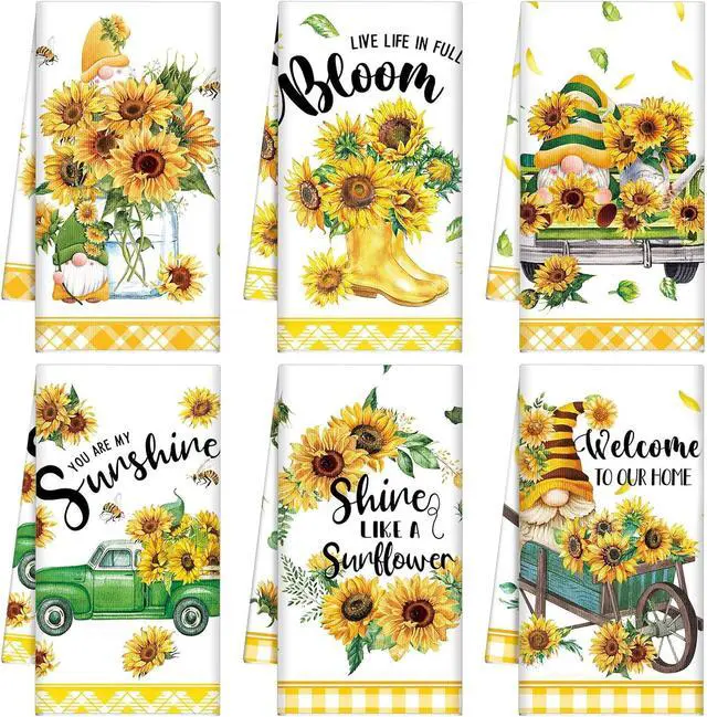 Main image of Set of 6 Sunflower Kitchen Towels Gnome Dish Seasonal Beach Cloth Summer Tea Towel Sunshine Nautical Kitchen Hand Tea Towels Housewarming Gift for Home (Sunflower)