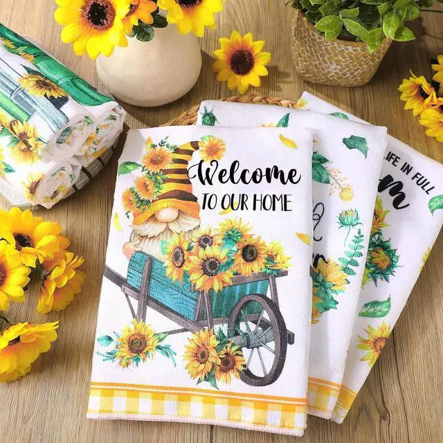 Alt view image 2 of 7 - Set of 6 Sunflower Kitchen Towels Gnome Dish Seasonal Beach Cloth Summer Tea Towel Sunshine Nautical Kitchen Hand Tea Towels Housewarming Gift for Home (Sunflower)