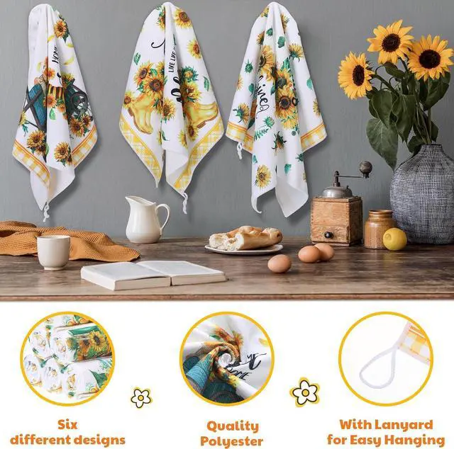 Alt view image 3 of 7 - Set of 6 Sunflower Kitchen Towels Gnome Dish Seasonal Beach Cloth Summer Tea Towel Sunshine Nautical Kitchen Hand Tea Towels Housewarming Gift for Home (Sunflower)