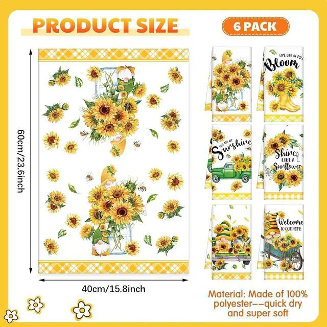 Alt view image 4 of 7 - Set of 6 Sunflower Kitchen Towels Gnome Dish Seasonal Beach Cloth Summer Tea Towel Sunshine Nautical Kitchen Hand Tea Towels Housewarming Gift for Home (Sunflower)