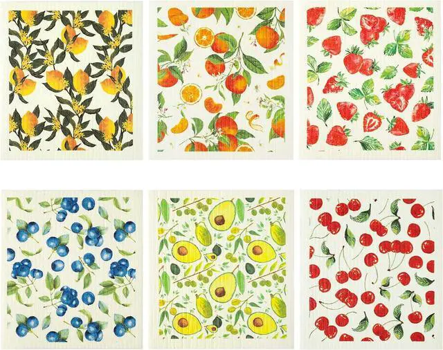 Main image of 6 Pcs Mixed Fruit Swedish Kitchen Dishcloths Fruit Swedish Dish Towels Non Scratch Reuseable Cleaning Cloths Cellulose Sponge Absorbent Cloths Fast Drying Cleaning Rags No Odor for Home