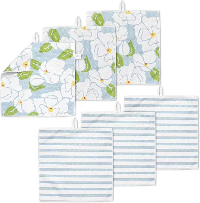 Main image of Microfiber Kitchen Dish Cloth Set Quick-Dry & Absorbent Waffle Weave Cleaning Towels Set of 6 Wash Cloths Paper Towels & Sponge Alternative (Magnolias & Stripe)