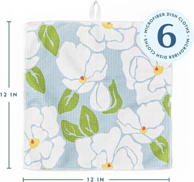 Alt view image 2 of 6 - Microfiber Kitchen Dish Cloth Set Quick-Dry & Absorbent Waffle Weave Cleaning Towels Set of 6 Wash Cloths Paper Towels & Sponge Alternative (Magnolias & Stripe)
