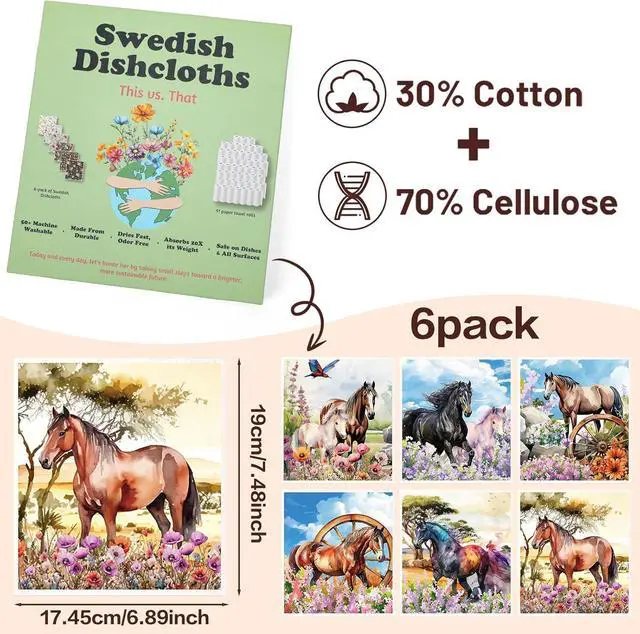 Alt view image 2 of 6 - Horses Swedish Dishcloths for Kitchen 6 Pack Farmhouse Absorbent Dish Cloths for Washing Dishes Reusable Washable Paper Towels Cloth for Kitchen Countertop Sink Fast Drying Sponge Cloths