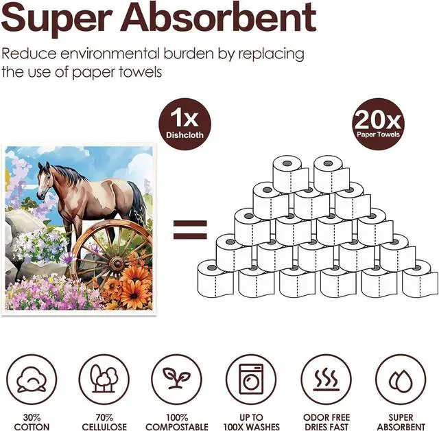 Alt view image 4 of 6 - Horses Swedish Dishcloths for Kitchen 6 Pack Farmhouse Absorbent Dish Cloths for Washing Dishes Reusable Washable Paper Towels Cloth for Kitchen Countertop Sink Fast Drying Sponge Cloths