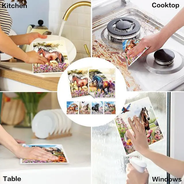 Alt view image 5 of 6 - Horses Swedish Dishcloths for Kitchen 6 Pack Farmhouse Absorbent Dish Cloths for Washing Dishes Reusable Washable Paper Towels Cloth for Kitchen Countertop Sink Fast Drying Sponge Cloths