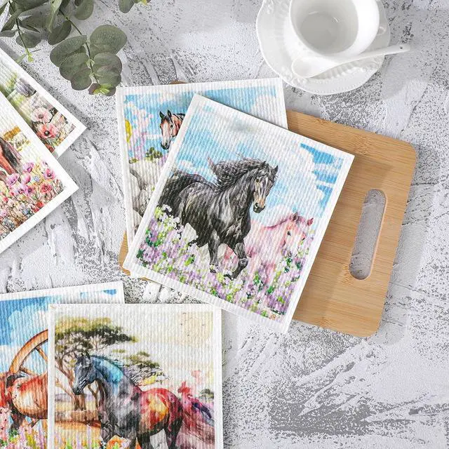 Alt view image 6 of 6 - Horses Swedish Dishcloths for Kitchen 6 Pack Farmhouse Absorbent Dish Cloths for Washing Dishes Reusable Washable Paper Towels Cloth for Kitchen Countertop Sink Fast Drying Sponge Cloths