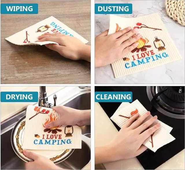 Alt view image 4 of 7 - 6 Pcs Summer Camping Swedish Kitchen Reusable Dishcloth Kit Printed with Funny Sayings Car Tent Campfire Absorbent Towel for Campers Gift Party Outdoor Picnic Home Cleaning 6.7 x 7.9 Inch