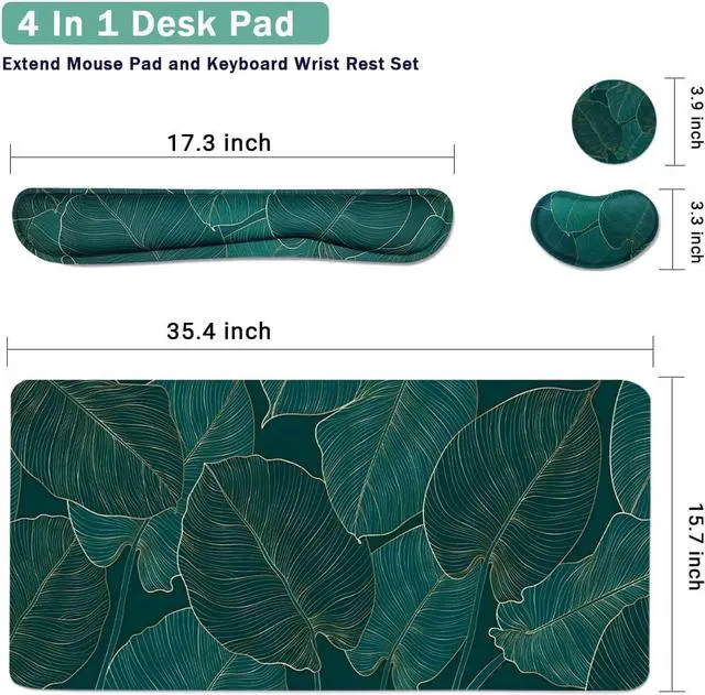 Alt view image 3 of 7 - Ergonomic Large Mouse Pad and Keyboard Wrist Rest Desk Pad for Keyboard and Mouse 4-in-1 Large Gaming Mouse Pad with Wrist Support for Home Office Study Game-Green Leaves