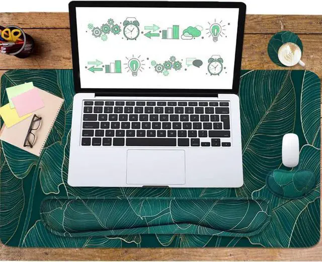 Alt view image 6 of 7 - Ergonomic Large Mouse Pad and Keyboard Wrist Rest Desk Pad for Keyboard and Mouse 4-in-1 Large Gaming Mouse Pad with Wrist Support for Home Office Study Game-Green Leaves