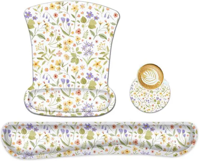 Main image of Mouse Pad Keyboard Wrist Rest Set Ergonomic Memory Foam Mouse Pads Wrist Support Set Non-Slip Base Smooth Surface Pain Relief for Gaming Office (Pressed Flower Art)