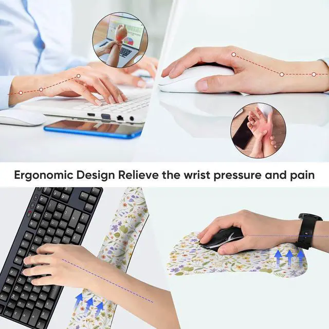 Alt view image 3 of 7 - Mouse Pad Keyboard Wrist Rest Set Ergonomic Memory Foam Mouse Pads Wrist Support Set Non-Slip Base Smooth Surface Pain Relief for Gaming Office (Pressed Flower Art)