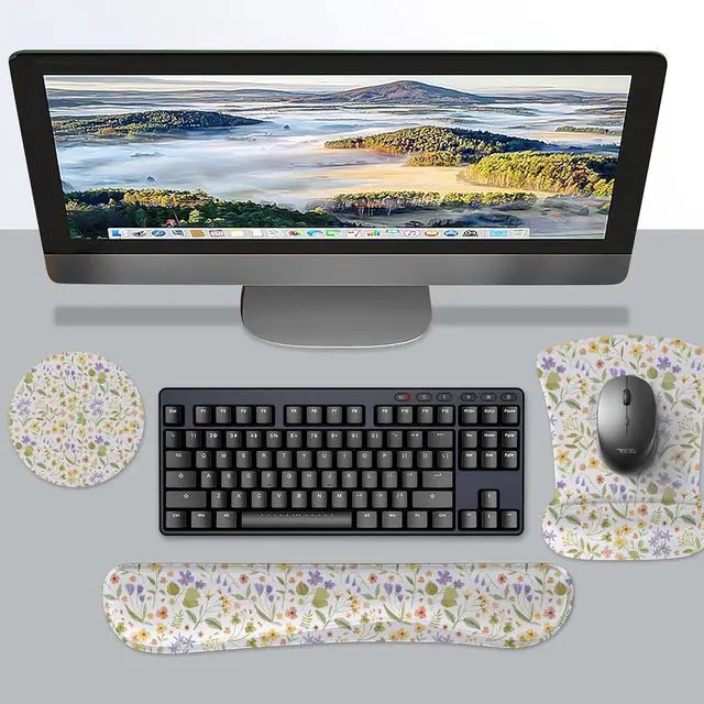 Alt view image 4 of 7 - Mouse Pad Keyboard Wrist Rest Set Ergonomic Memory Foam Mouse Pads Wrist Support Set Non-Slip Base Smooth Surface Pain Relief for Gaming Office (Pressed Flower Art)