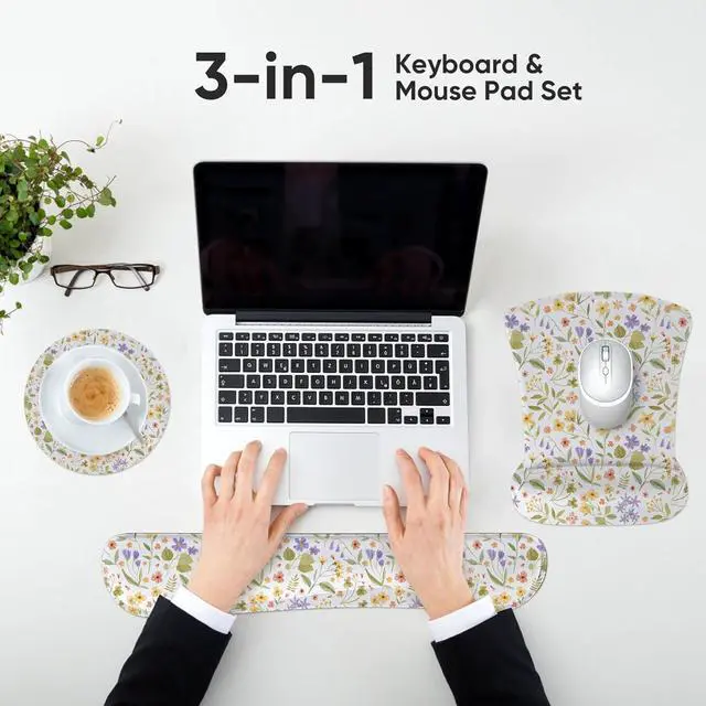 Alt view image 6 of 7 - Mouse Pad Keyboard Wrist Rest Set Ergonomic Memory Foam Mouse Pads Wrist Support Set Non-Slip Base Smooth Surface Pain Relief for Gaming Office (Pressed Flower Art)