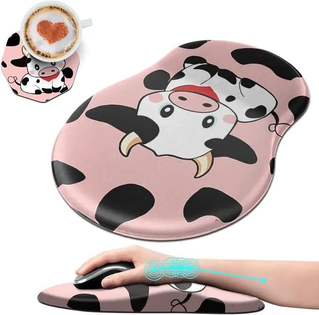 Main image of Ergonomic Mouse Pad with Wrist Rest Support + Cup Coasters Thick Mousepad Relief Carpal Tunnel Pain Mouse Pad with Non-Slip PU Base Computer Mouse Pads for Wireless Mouse Cute Cows Pink