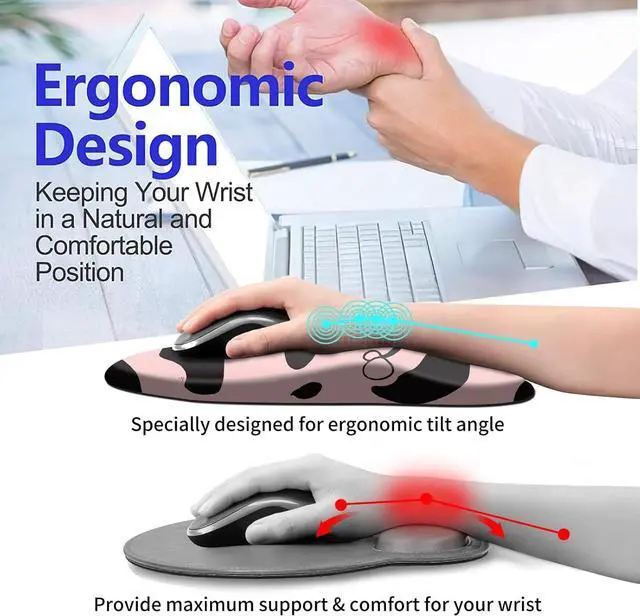 Alt view image 5 of 7 - Ergonomic Mouse Pad with Wrist Rest Support + Cup Coasters Thick Mousepad Relief Carpal Tunnel Pain Mouse Pad with Non-Slip PU Base Computer Mouse Pads for Wireless Mouse Cute Cows Pink