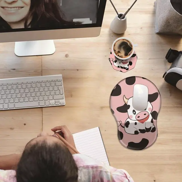 Alt view image 4 of 7 - Ergonomic Mouse Pad with Wrist Rest Support + Cup Coasters Thick Mousepad Relief Carpal Tunnel Pain Mouse Pad with Non-Slip PU Base Computer Mouse Pads for Wireless Mouse Cute Cows Pink