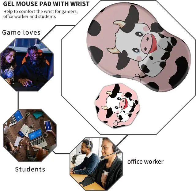 Alt view image 6 of 7 - Ergonomic Mouse Pad with Wrist Rest Support + Cup Coasters Thick Mousepad Relief Carpal Tunnel Pain Mouse Pad with Non-Slip PU Base Computer Mouse Pads for Wireless Mouse Cute Cows Pink