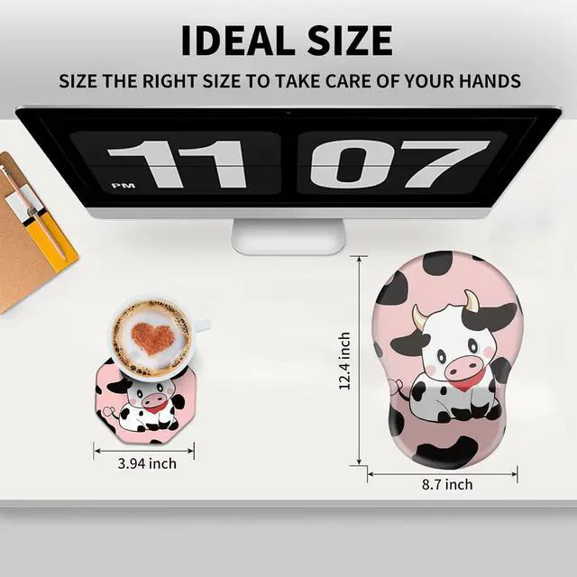 Alt view image 2 of 7 - Ergonomic Mouse Pad with Wrist Rest Support + Cup Coasters Thick Mousepad Relief Carpal Tunnel Pain Mouse Pad with Non-Slip PU Base Computer Mouse Pads for Wireless Mouse Cute Cows Pink