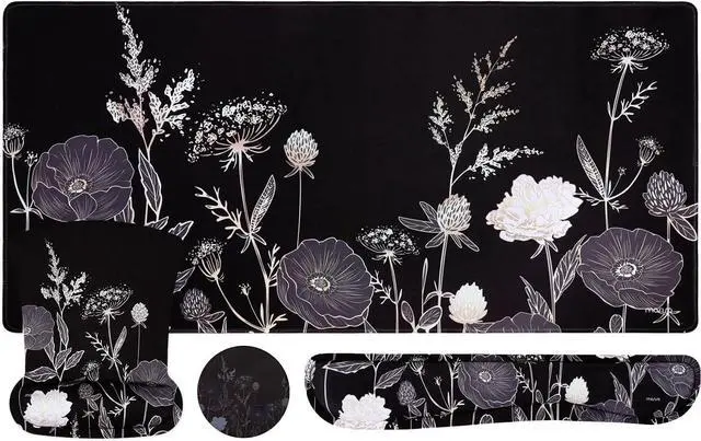 Main image of Keyboard Mouse Pad Set Large Gaming Mouse Pad&Keyboard Wrist Rest&Mouse Wrist Rest&Coaster Ergonomic Non-Slip Retro Flower Floral Mousepad with Raised Memory Foam for Home Office Black