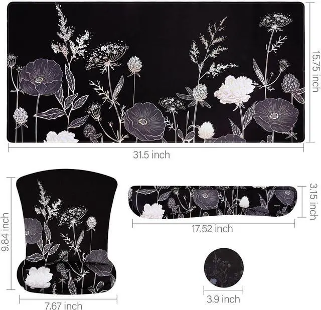 Alt view image 2 of 7 - Keyboard Mouse Pad Set Large Gaming Mouse Pad&Keyboard Wrist Rest&Mouse Wrist Rest&Coaster Ergonomic Non-Slip Retro Flower Floral Mousepad with Raised Memory Foam for Home Office Black