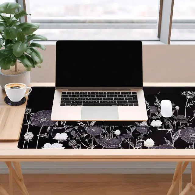 Alt view image 7 of 7 - Keyboard Mouse Pad Set Large Gaming Mouse Pad&Keyboard Wrist Rest&Mouse Wrist Rest&Coaster Ergonomic Non-Slip Retro Flower Floral Mousepad with Raised Memory Foam for Home Office Black