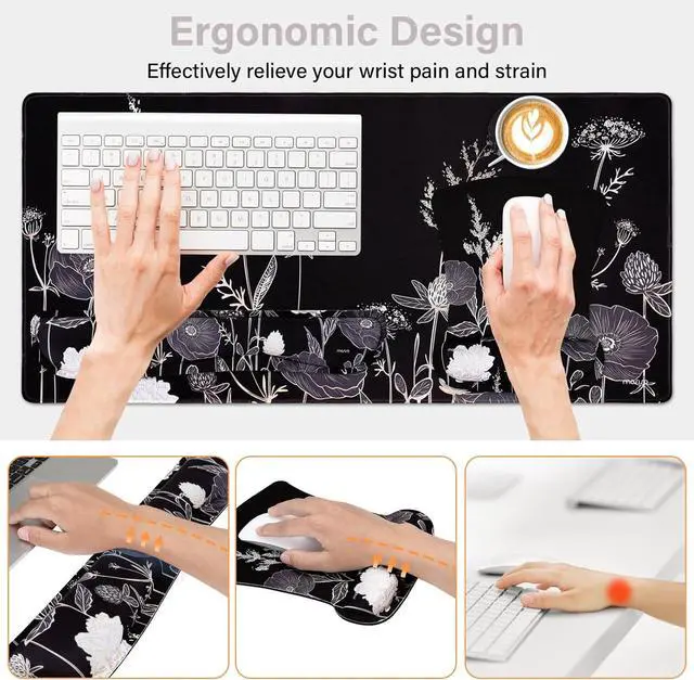 Alt view image 4 of 7 - Keyboard Mouse Pad Set Large Gaming Mouse Pad&Keyboard Wrist Rest&Mouse Wrist Rest&Coaster Ergonomic Non-Slip Retro Flower Floral Mousepad with Raised Memory Foam for Home Office Black
