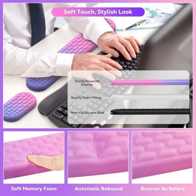 Alt view image 4 of 7 - Keyboard Wrist Rest Ergonomic Wrist Rest for Computer Keyboard and Mouse with Soft Memory Foam Keyboard Wrist Support for Typing Pain Relief Ideal for Office Work Gaming Gradient Pink Purple