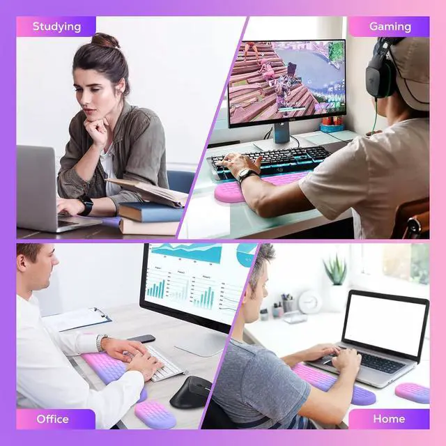 Alt view image 7 of 7 - Keyboard Wrist Rest Ergonomic Wrist Rest for Computer Keyboard and Mouse with Soft Memory Foam Keyboard Wrist Support for Typing Pain Relief Ideal for Office Work Gaming Gradient Pink Purple