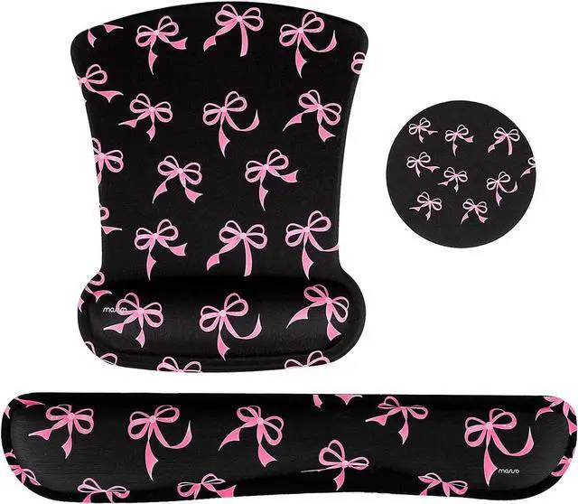 Main image of Wrist Rest Support for Mouse Pad&Keyboard Set Pink Bows Ergonomic Mousepad&Coaster Non-Slip Base Home/Office Pain Relief&Easy Typing Cushion with Neoprene Cloth&Raised Memory Foam Black