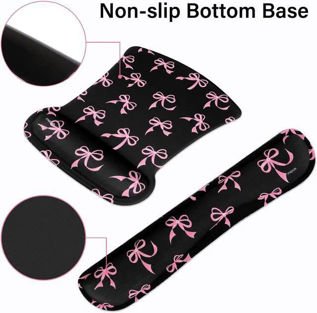 Alt view image 5 of 7 - Wrist Rest Support for Mouse Pad&Keyboard Set Pink Bows Ergonomic Mousepad&Coaster Non-Slip Base Home/Office Pain Relief&Easy Typing Cushion with Neoprene Cloth&Raised Memory Foam Black